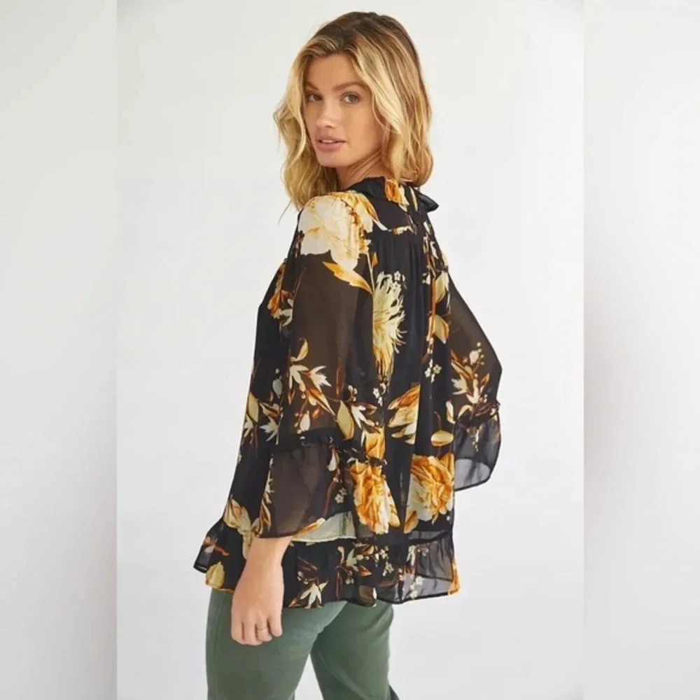 Anthropologie Black Orange Floral Sheer Long Sleeve Pheasant Boho Blouse Size XS